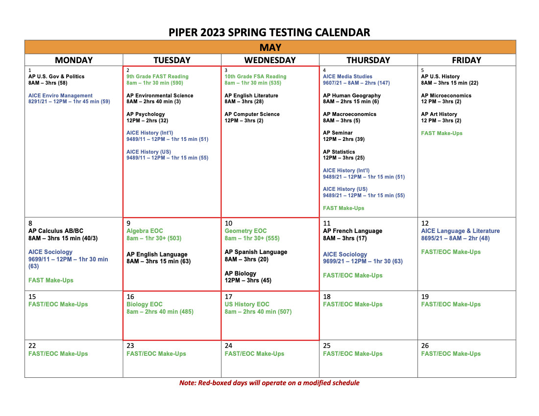 Piper Testing Calendar May